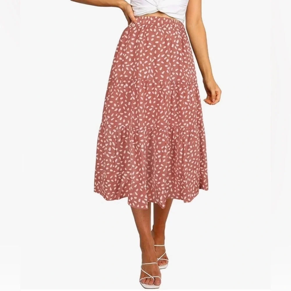 NWT MEROKEETY Women's Boho Leopard Print Skirt Pleated A-Line Swing Midi Skirts